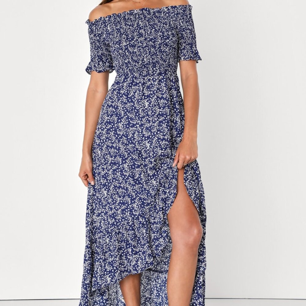 Fleur-tation Navy Blue Floral Print Off-the-Shoulder Midi Dress